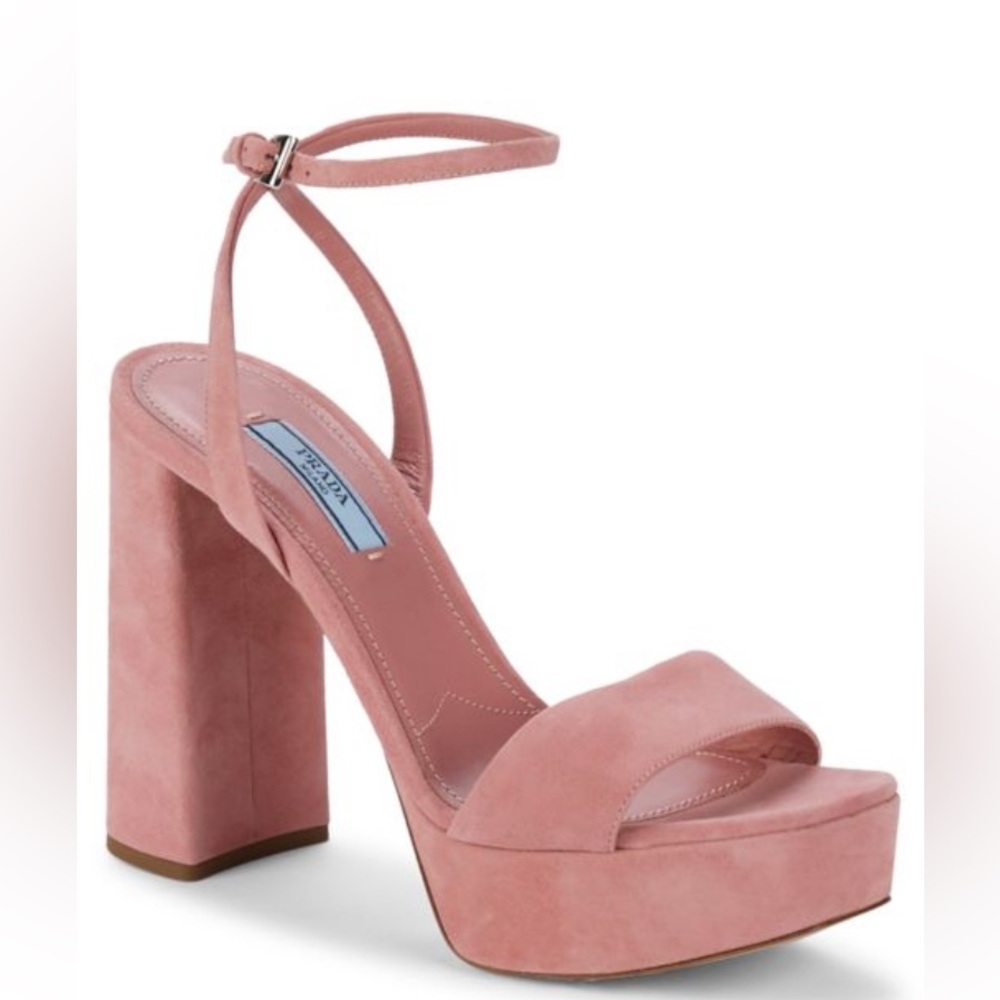 NWOT PRADA Baby Pink Suede Ankle-Strap Platform Sandals Heel 38 (fits like 7.5)